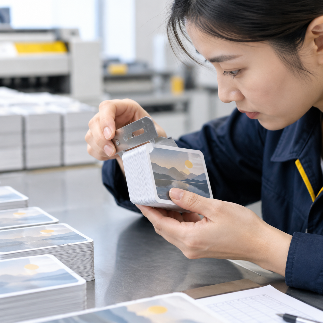 Inspector checking rounded corners and edge consistency on a playing card deck
