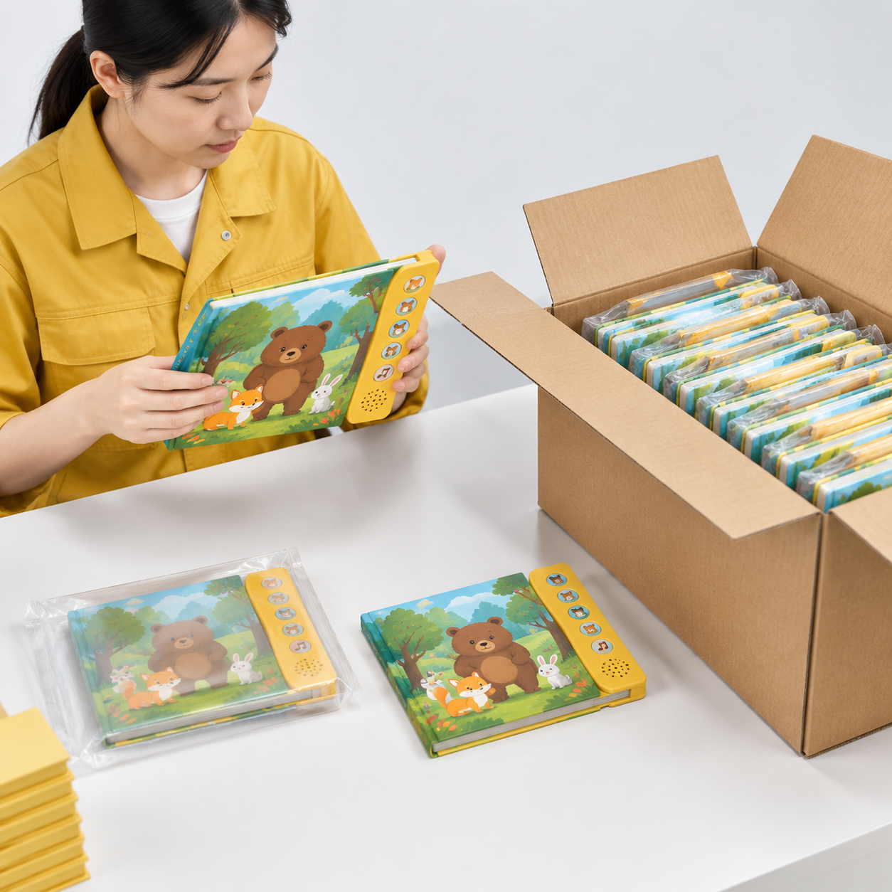 Individually packed sound books and shipping carton used to assess freight volume